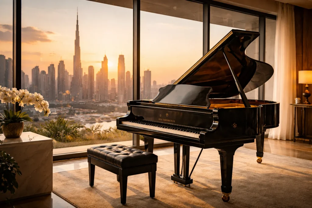 Steinway grand piano in luxury Dubai penthouse overlooking skyline
