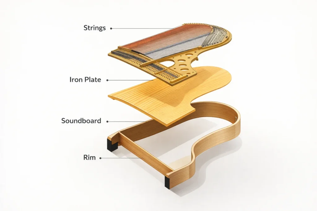 Exploded view diagram of Steinway grand piano showing rim, soundboard and iron plate structure