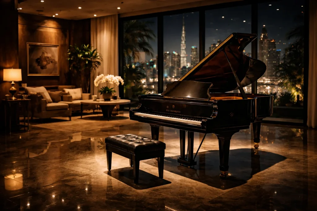 Steinway piano displayed in premium Dubai showroom with ambient lighting