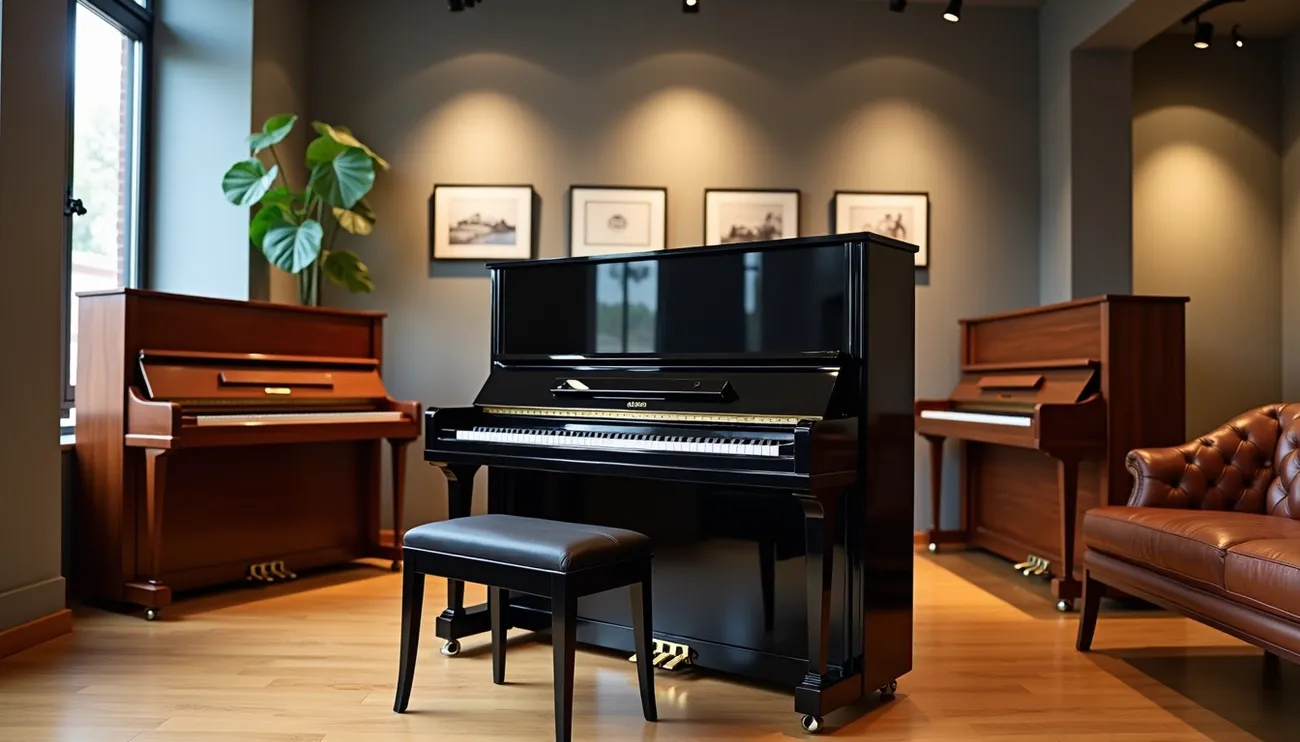 Three upright pianos, including a glossy black one in the center, displayed in a stylish, well-lit room with wooden floors and framed pictures.
