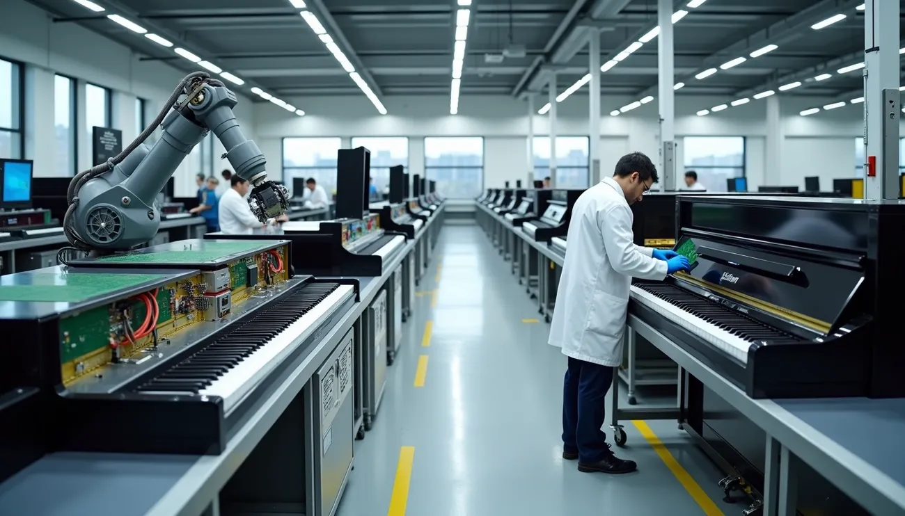 Technician and robotic arm assembling digital pianos in a modern, brightly lit factory production line.