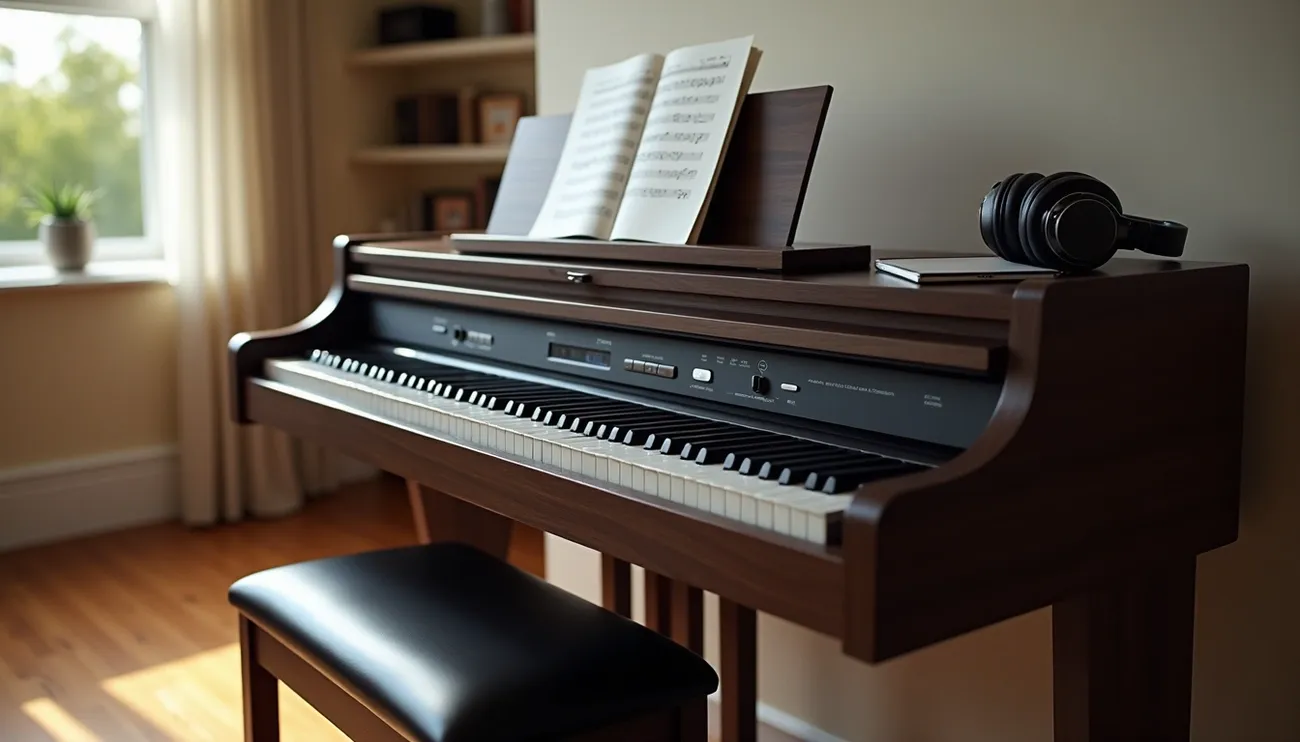 88-key digital piano with sheet music and headphones on a wooden stand in a sunlit room.