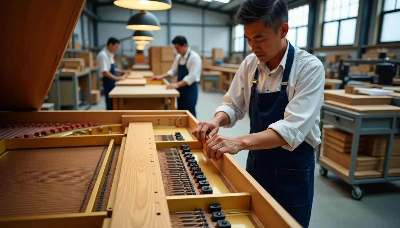 Workers carefully assembling and tuning grand pianos in a well-lit, organized piano manufacturing workshop.