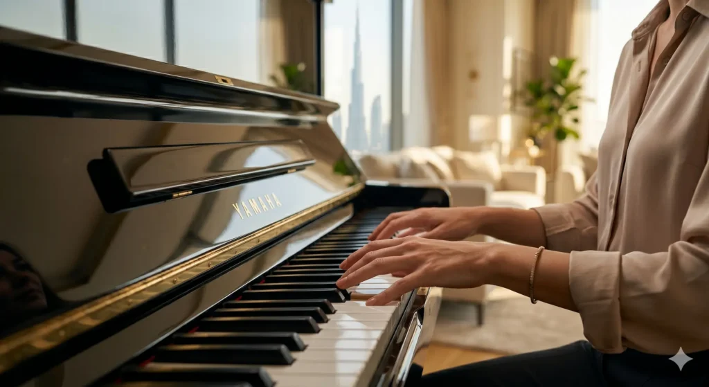 Musician playing a certified second-hand Yamaha piano in Dubai