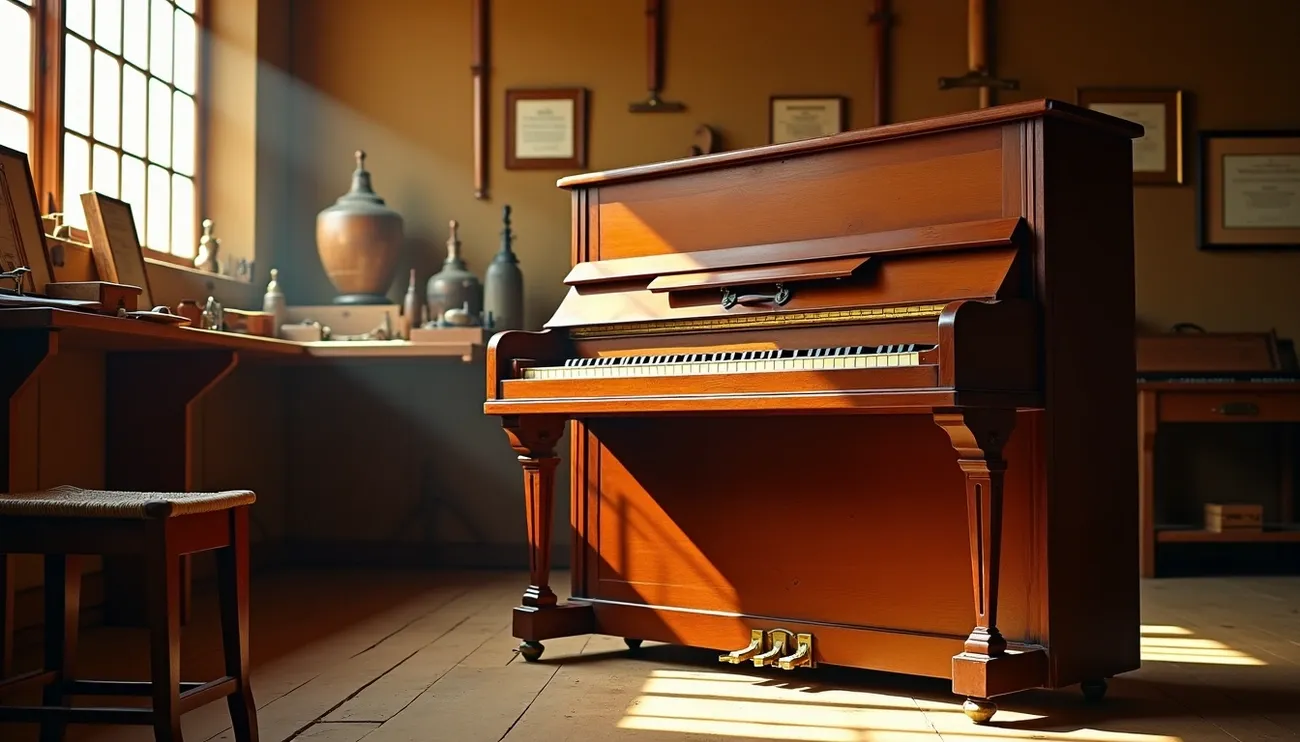 Vintage Yamaha upright piano illuminated by sunlight in a wood-paneled room with musical artifacts and framed certificates.