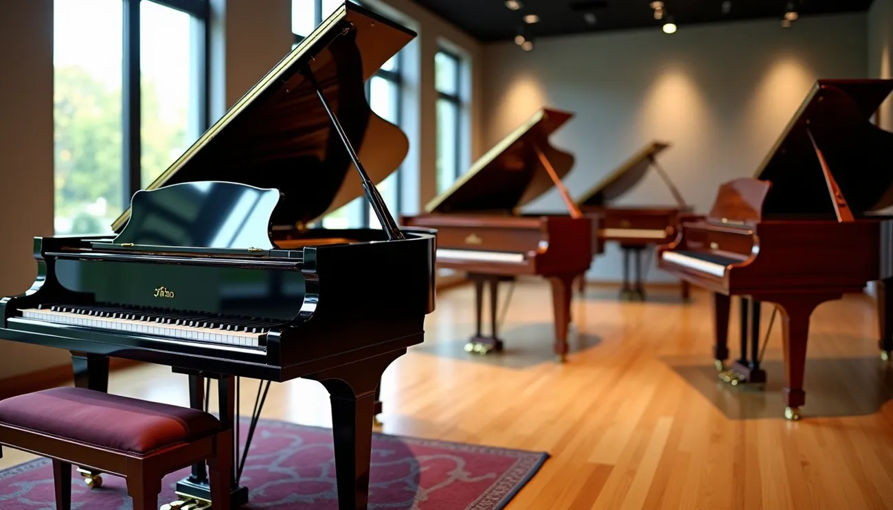 Several grand pianos displayed in a well-lit showroom with wooden floors and large windows.