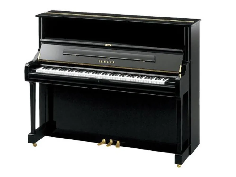 Black Yamaha U1 upright piano with three pedals and a polished finish, viewed from the front-right angle.