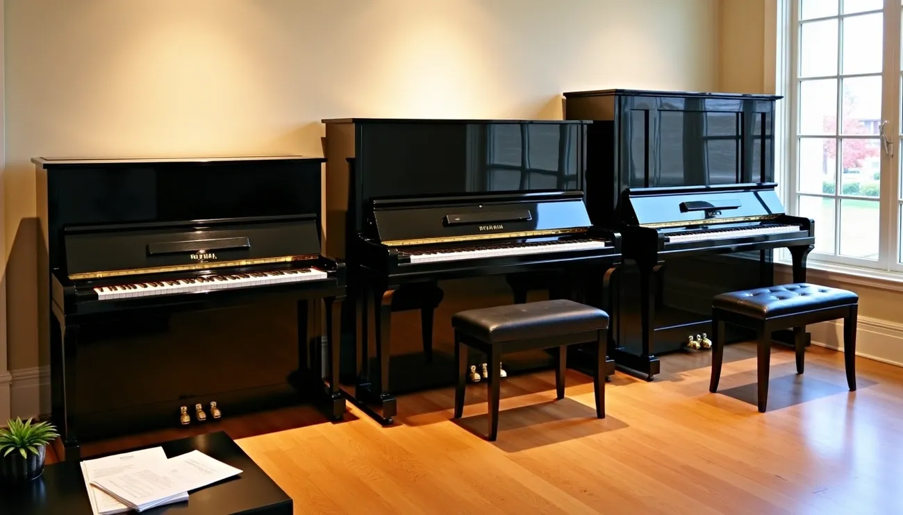 Three black Yamaha upright pianos with benches displayed side by side in a sunlit room with wooden floors.