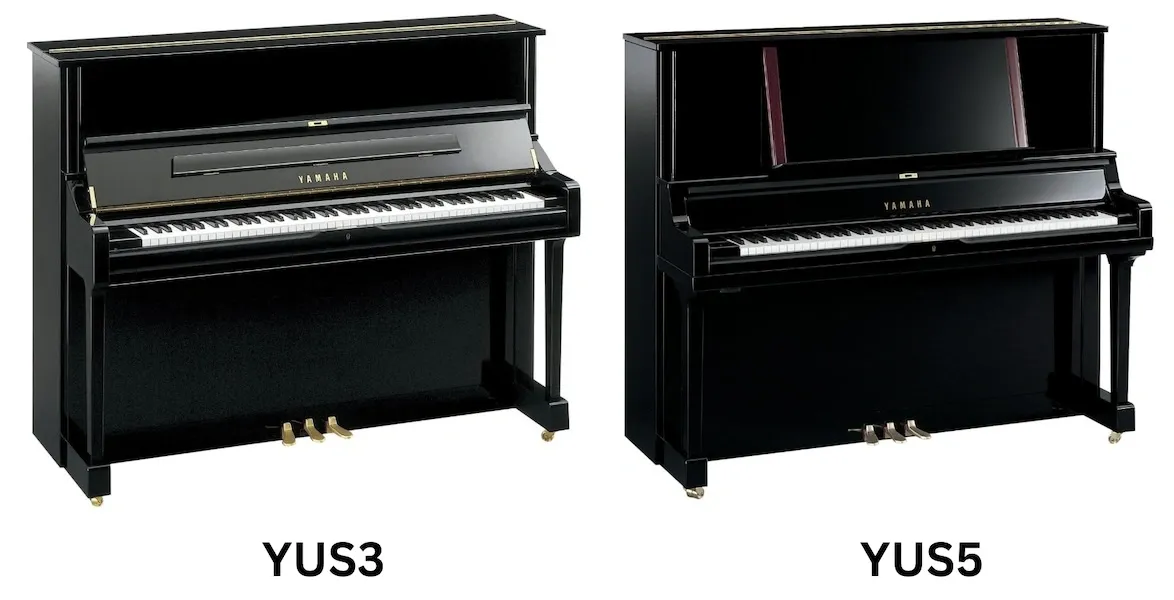 Side-by-side comparison of Yamaha YUS3 and YUS5 upright pianos in black finish with slight design differences.