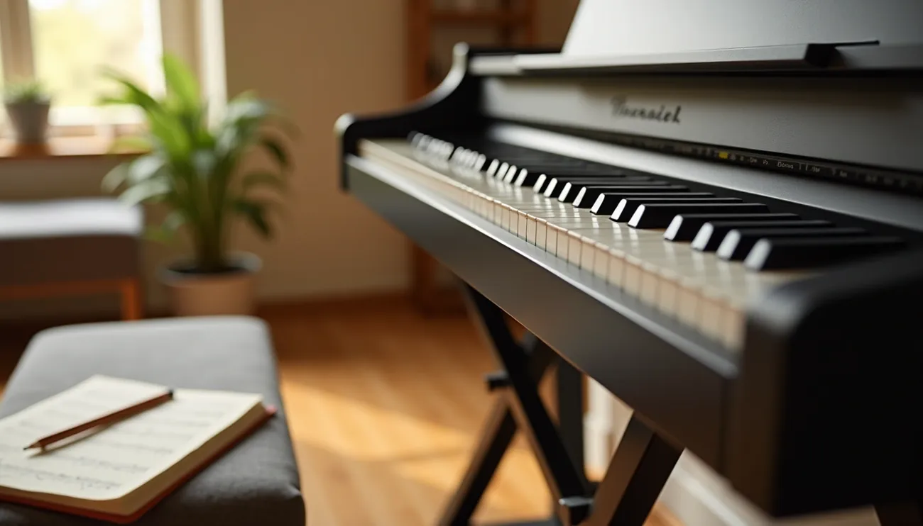 Close-up of a black digital piano keyboard in a sunlit room with a music book and pencil on a bench nearby.