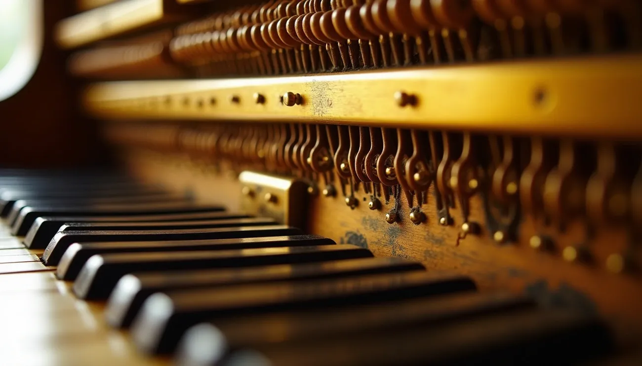 Close-up of piano keys and internal mechanical components highlighting piano age identification.