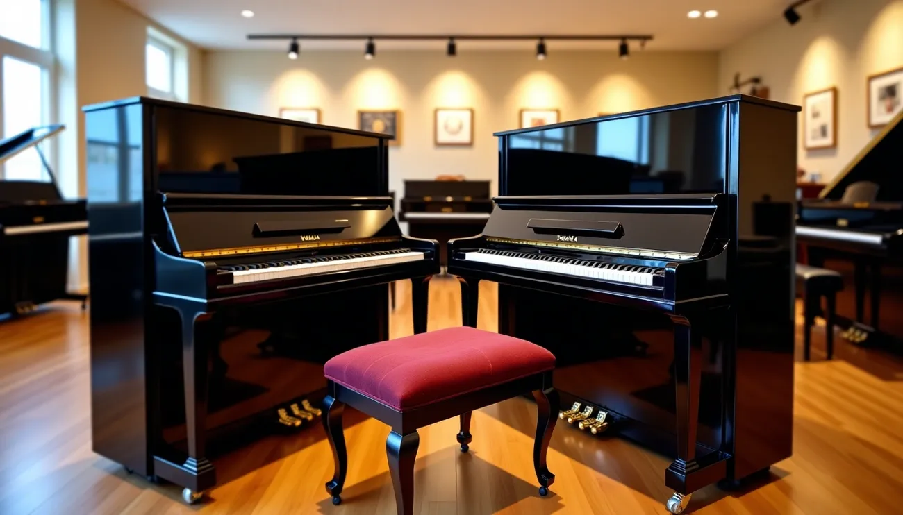 Two polished black Yamaha upright pianos facing each other with a red cushioned bench between them in a showroom.